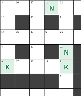The same grid with the hint letters N and K filled into every square that carries their numbers
