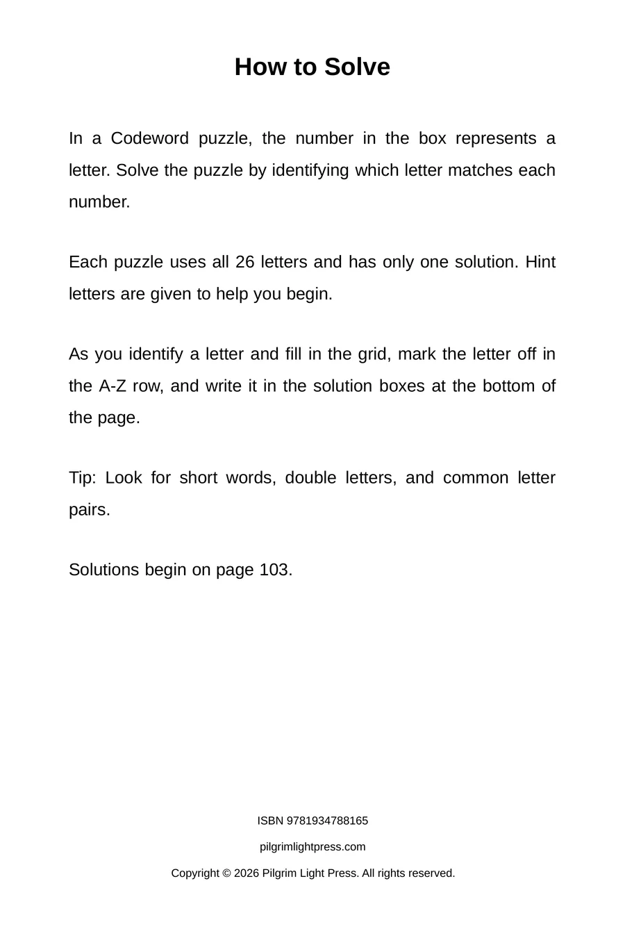 How to Solve page explaining that each number stands for a letter, every puzzle uses all 26 letters, and hint letters get you started