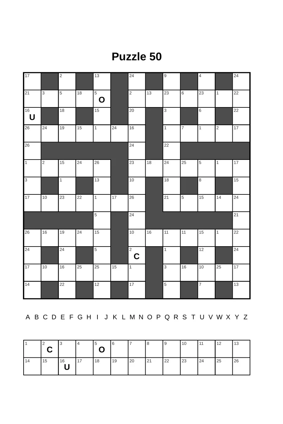 Puzzle 50 — a 13 by 13 codeword grid with three starter letters, A to Z tracker, and solution boxes