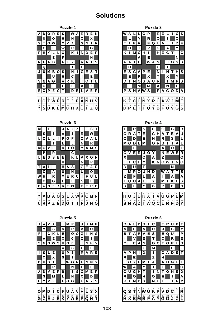 Solutions page showing six completed codeword grids with their letter keys