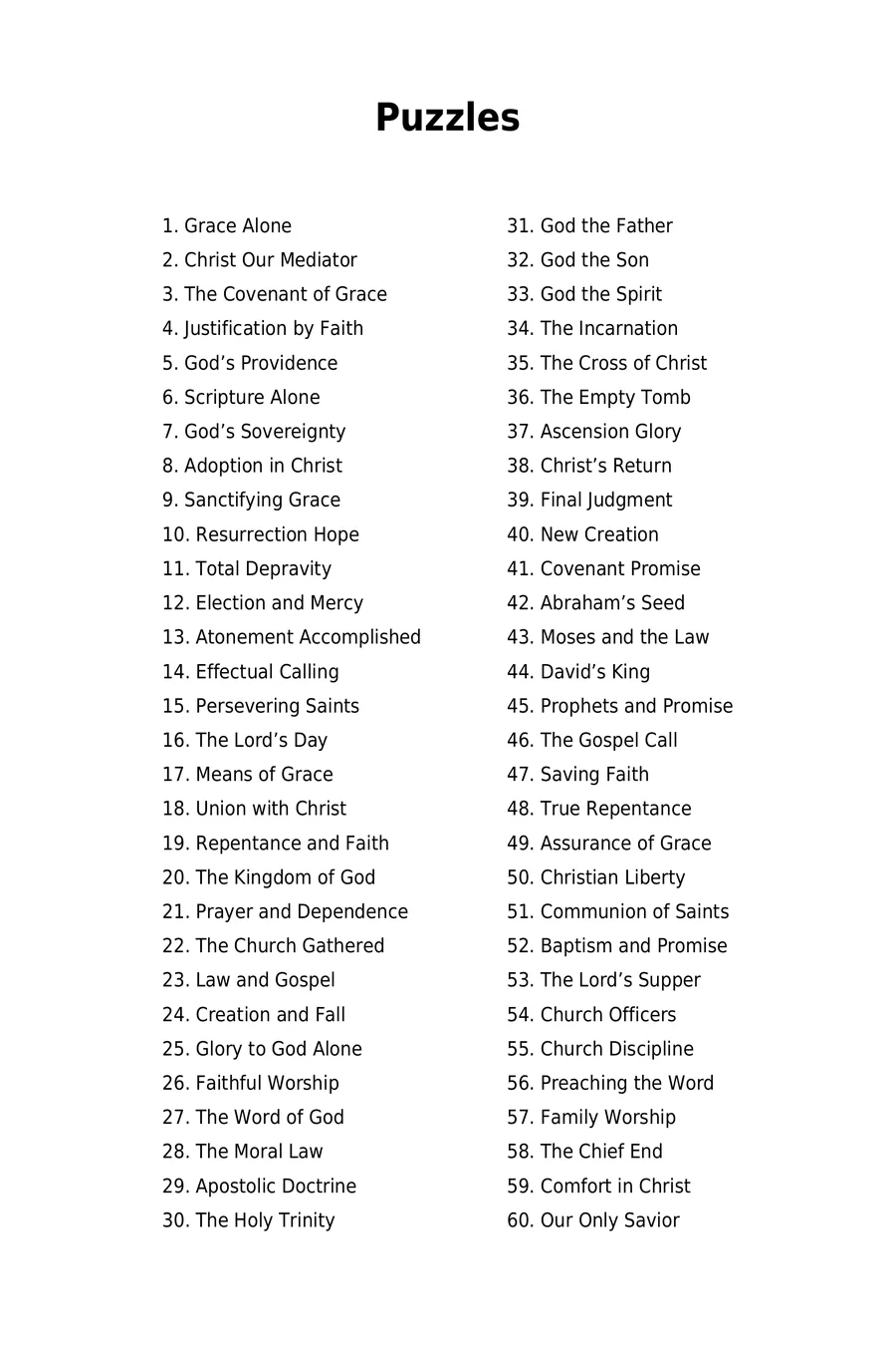 Table of contents, puzzles 1 through 60