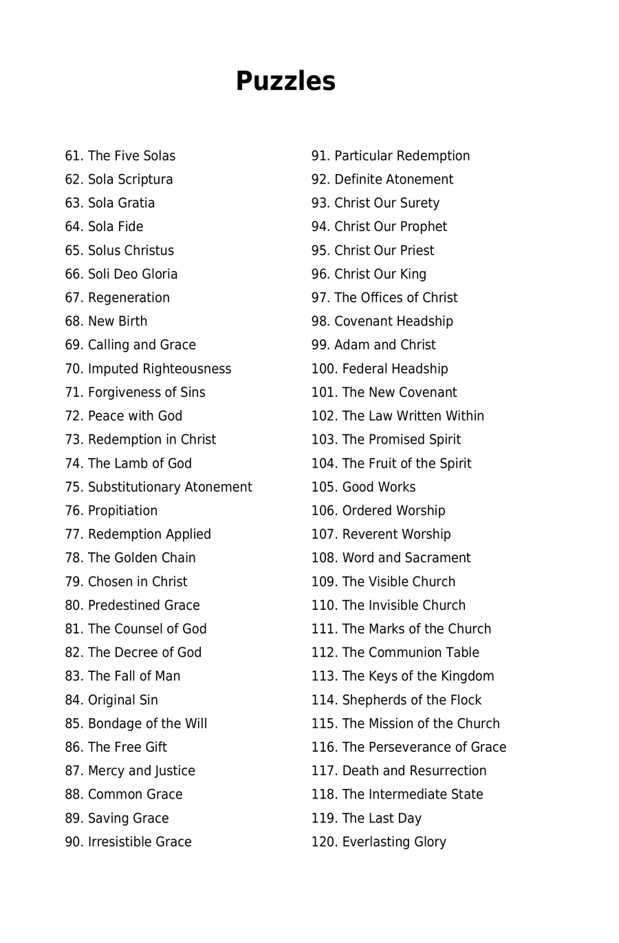 Table of contents, puzzles 61 through 120