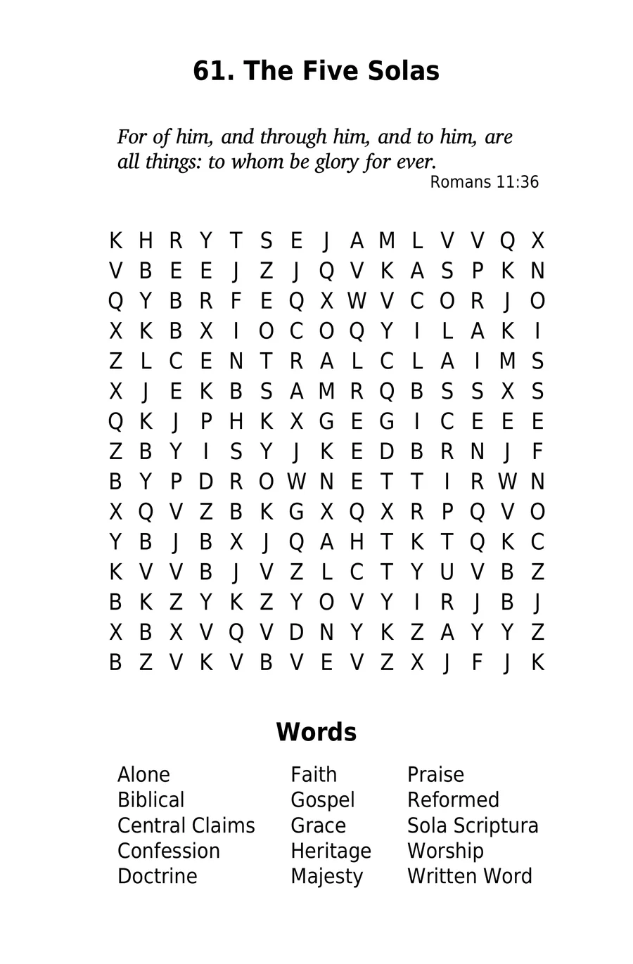 Puzzle 61, The Five Solas — Scripture excerpt from Romans 11:36, letter grid, and word list