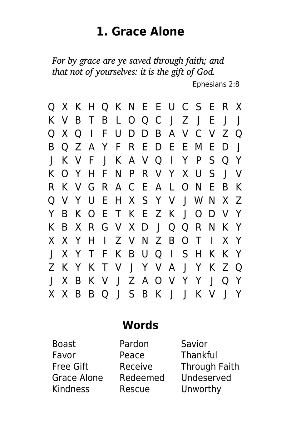 Puzzle 1, Grace Alone — Scripture excerpt from Ephesians 2:8, 15 by 15 letter grid, and word list